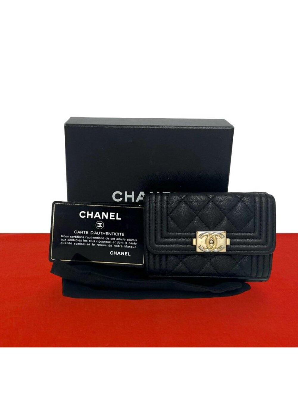 Chanel Boy CC Logo Caviar Leather Trifold Wallet Black